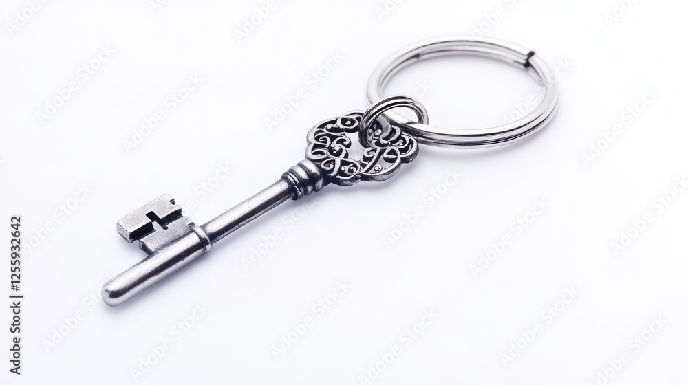 Elegant Silver Key with Ornate Design on a Clean White Background Elegant Silver Key with Ornate Design on a Clean White Background