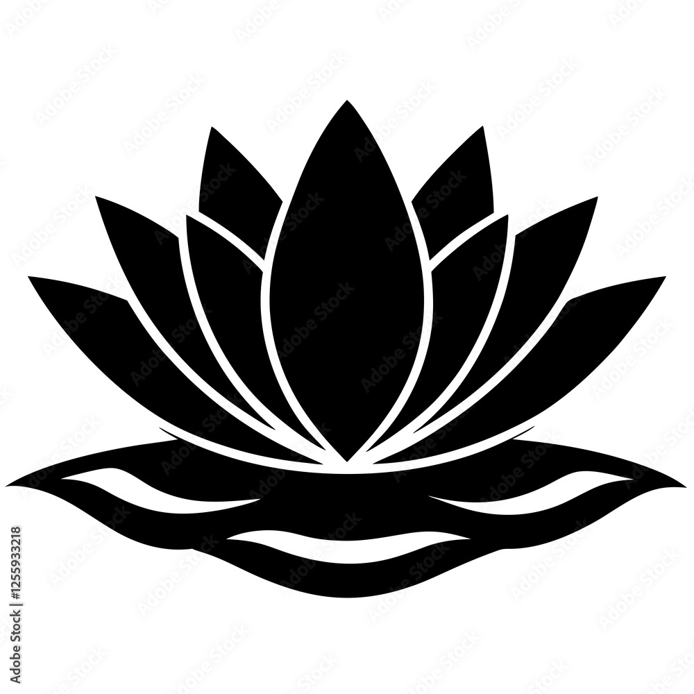 Silhouette of Stylized Lotus Flower with Waves Symbolizing Serenity, lotus flower logo icon illustration Silhouette of Stylized Lotus Flower with Waves Symbolizing Serenity, lotus flower logo icon illustration