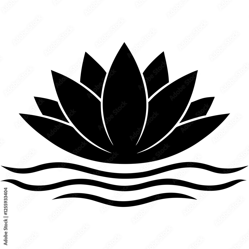 Silhouette of Stylized Lotus Flower with Waves Symbolizing Serenity, lotus flower logo icon illustration Silhouette of Stylized Lotus Flower with Waves Symbolizing Serenity, lotus flower logo icon illustration