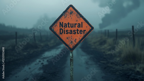 A weathered sign warns of a natural disaster amidst a foggy, desolate landscape, highlighting environmental hazards and the impact of nature.