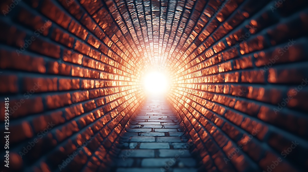 A narrow tunnel of bricks leads to a bright light at the end, creating an intriguing and mysterious atmosphere. A narrow tunnel of bricks leads to a bright light at the end, creating an intriguing and mysterious atmosphere.