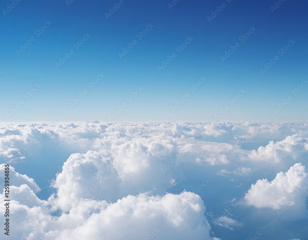 Fototapeta premium Vast blue sky above billowy white clouds, creating a serene and uplifting atmosphere.