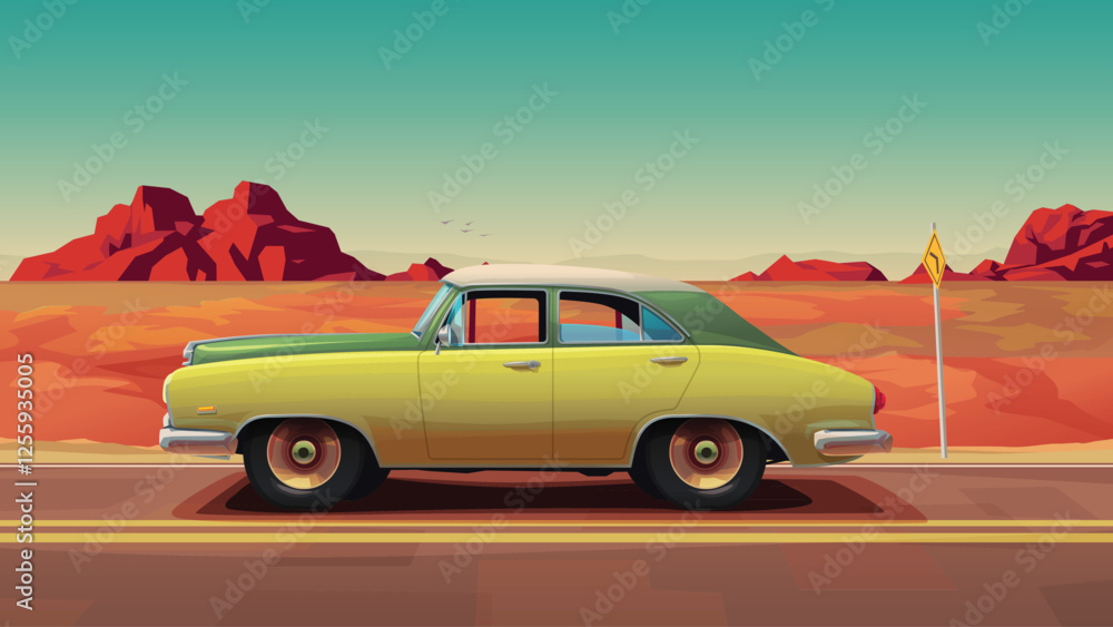 Obraz premium a side view vintage car in desert