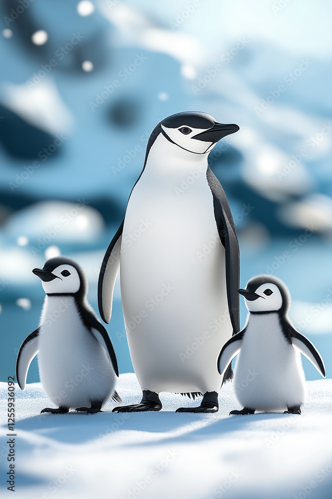 Fototapeta premium Emperor penguin standing with two chicks on snowy landscape