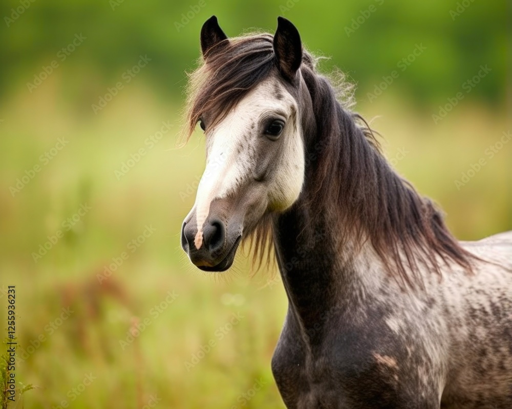 Obraz premium Close-up of Majestic Grullo Horse Grazing in a Beautiful Green Field - Nature and Equine Photography