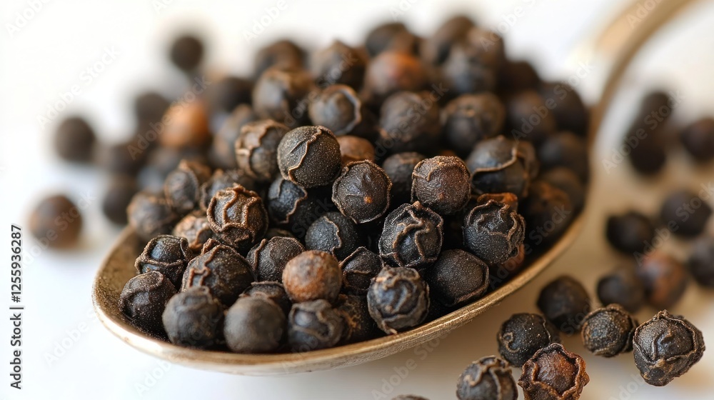 Fototapeta premium Black peppercorns on spoon, close-up, scattered peppercorns in background. Possible use culinary, food