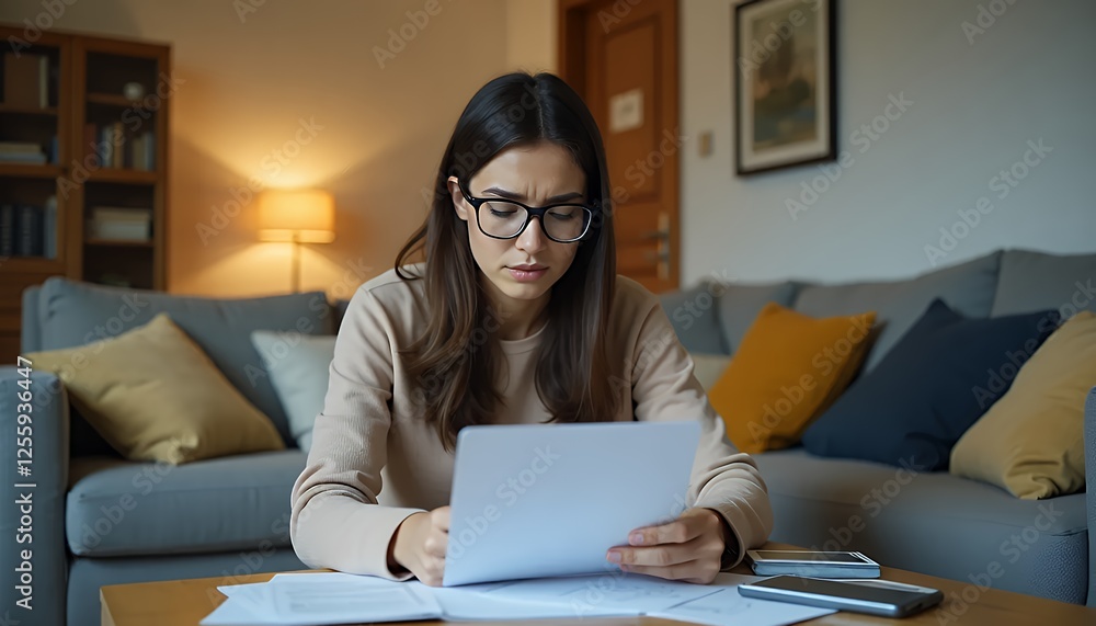 Woman Reviewing Documents at Home, Focused and Concerned Woman Reviewing Documents at Home, Focused and Concerned
