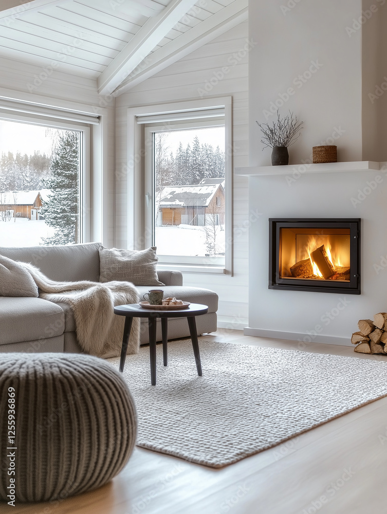 Fototapeta premium Modern living room with burning fireplace and winter view