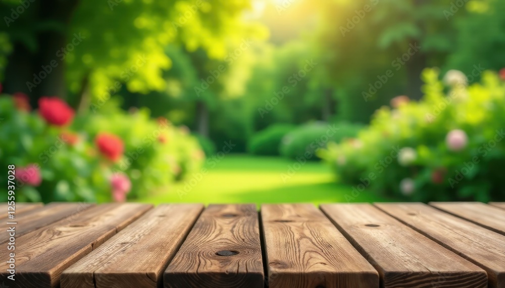Rustic wooden table, blurred garden background, natural, blur, garden Rustic wooden table, blurred garden background, natural, blur, garden