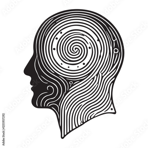 negative space line drawing of a human head silhouette with a swirl inside white background.