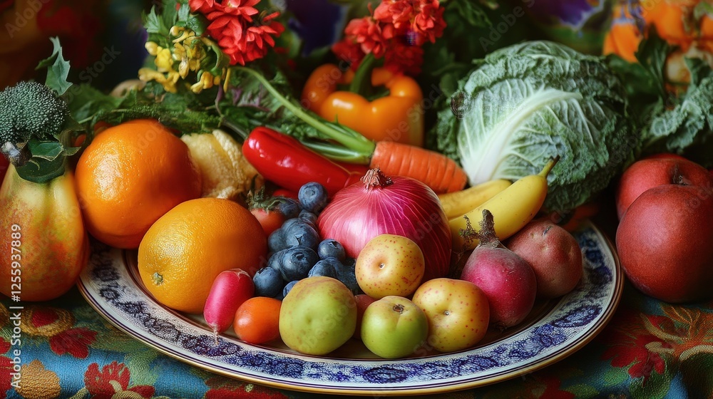 An assortment of fruits and vegetables is beautifully arranged on a decorative plate, surrounded by leafy greens and flowers. The composition emphasizes natural produce and healthy eating. An assortment of fruits and vegetables is beautifully arranged on a decorative plate, surrounded by leafy greens and flowers. The composition emphasizes natural produce and healthy eating.