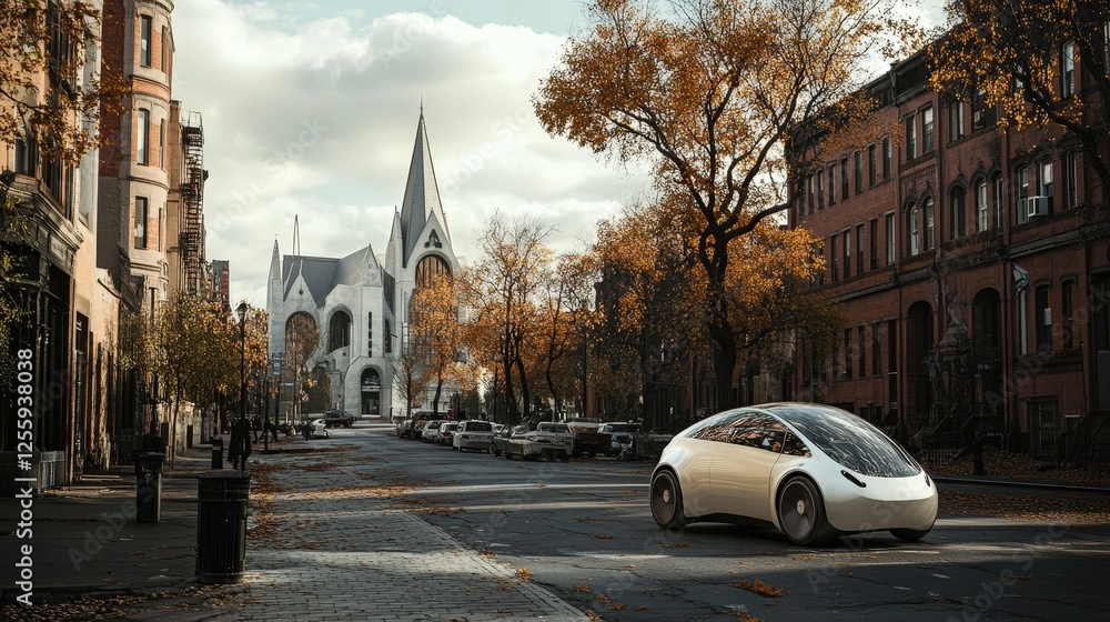 Obraz premium A futuristic car with a sleek design is parked on a street in a city surrounded by tall buildings and trees. The atmosphere combines advanced technology with a peaceful urban setting.