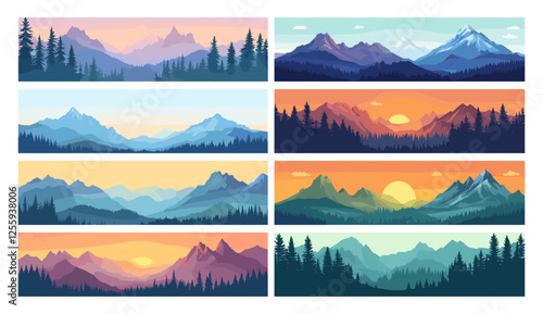 Morning Landscapes Vector Flat Style Set Sunrise Views Flat Design Nature Icons Scenic Morning Horizon Calm Landscapes Outdoor Adventure Icons Early Day Mornings Calm Weather