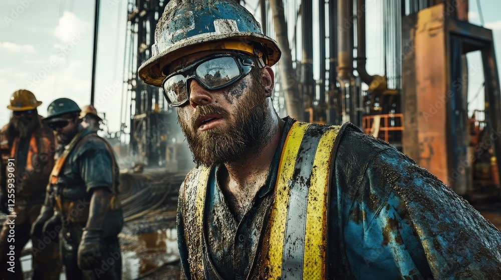 Obraz premium Hardworking Male Oil Worker with Face Dust and Protective Gear