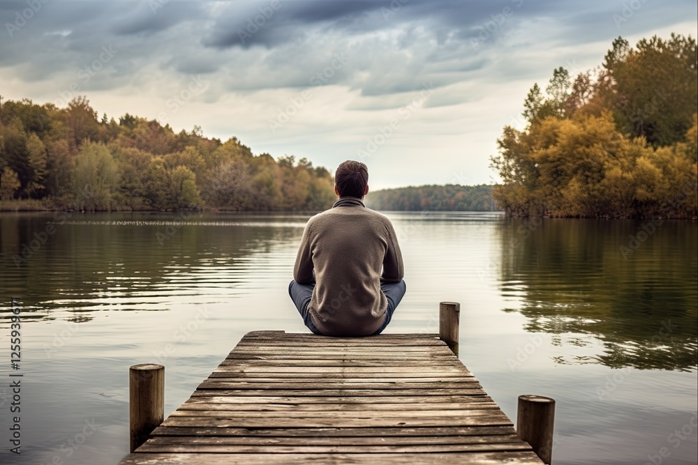 Contemplation: Man Relaxing on Wooden Dock, Gazing at Expansive Lake Horizon to Find Peace and Serenity in Nature Contemplation: Man Relaxing on Wooden Dock, Gazing at Expansive Lake Horizon to Find Peace and Serenity in Nature
