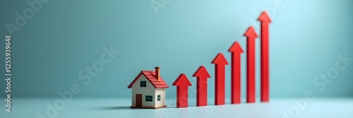Real estate property price growth concept, red arrows miniature house, mortgage loan investment