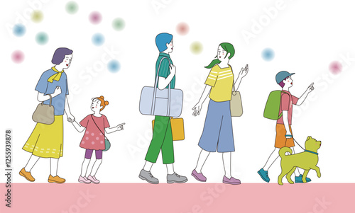 笑顔でお出かけする三世代家族。側面から見たイラスト。