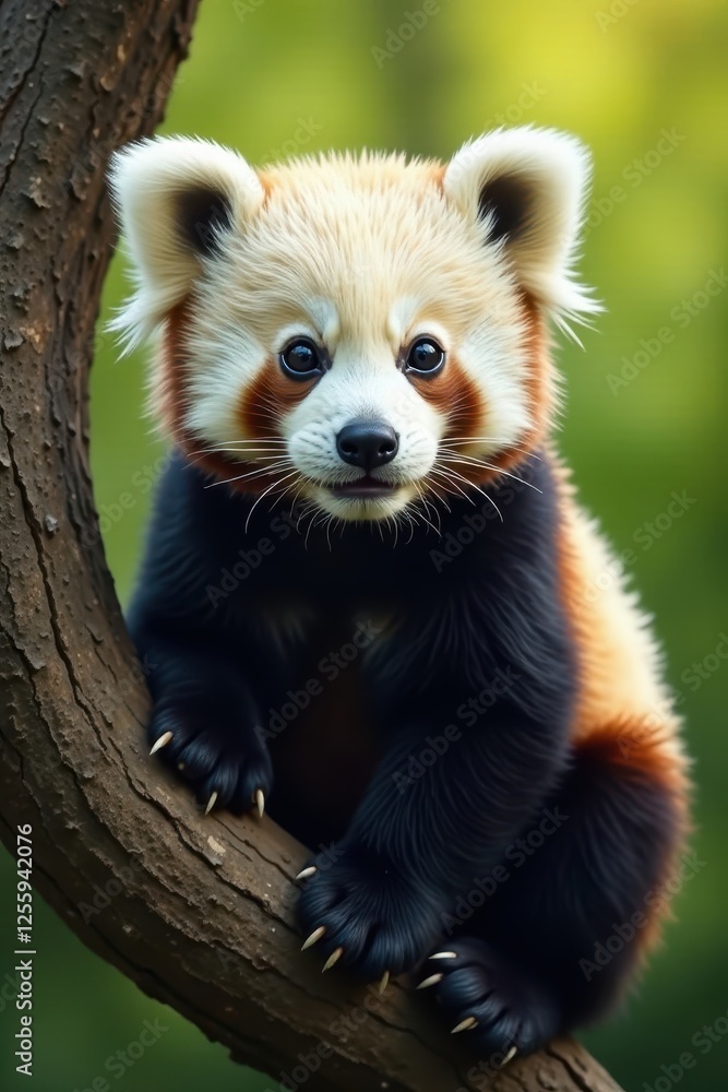 Fototapeta premium Adorable panda cub perched on tree branch, front view, sweet, charming, tiny