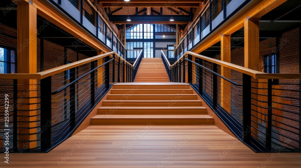 Fototapeta premium Modern interior of a spacious wooden staircase in a renovated industrial building with natural light