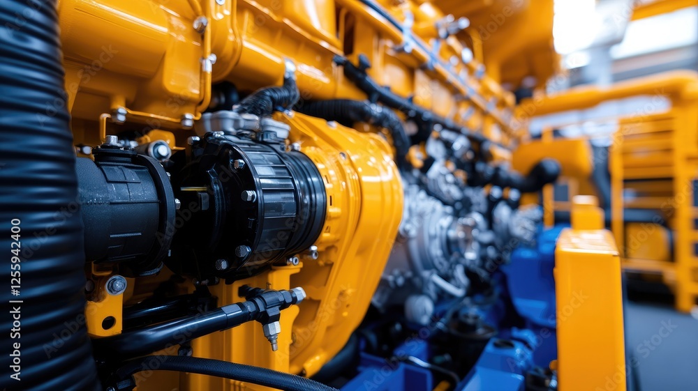 Close-up view of large industrial machine engine Close-up view of large industrial machine engine