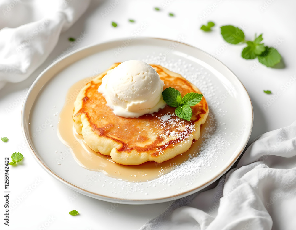 A Malpua, deep-fried sweet pancake, served with a scoop of vanilla ice cream and a sprig of mint, isolated on a white dessert plate against a minimalist white background, elegant presentation. A Malpua, deep-fried sweet pancake, served with a scoop of vanilla ice cream and a sprig of mint, isolated on a white dessert plate against a minimalist white background, elegant presentation.