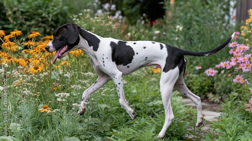 Black and white dog running in a garden with colorful flowers Black and white dog running in a garden with colorful flowers