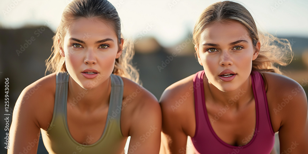 Two determined female athletes preparing for a race outdoors Two determined female athletes preparing for a race outdoors