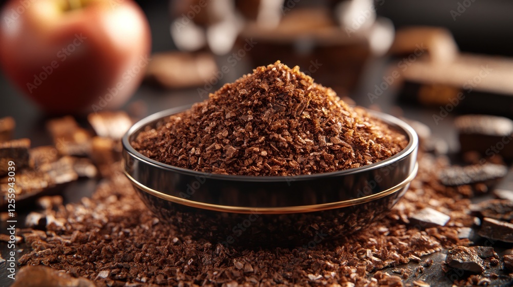 Chocolate shavings in bowl on dark surface with apple in background Chocolate shavings in bowl on dark surface with apple in background