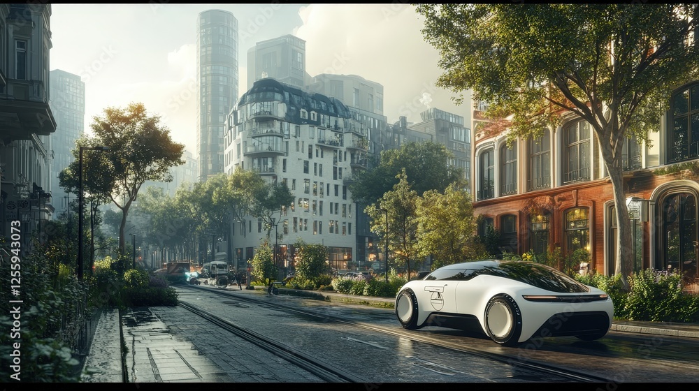 Fototapeta premium A futuristic car with a sleek design is parked on a street in a city surrounded by tall buildings and trees. The atmosphere combines advanced technology with a peaceful urban setting.