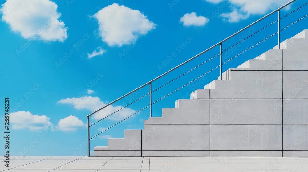 Fototapeta premium Modern concrete staircase leading to a bright blue sky with fluffy cloud, symbolizing ascent and freedom