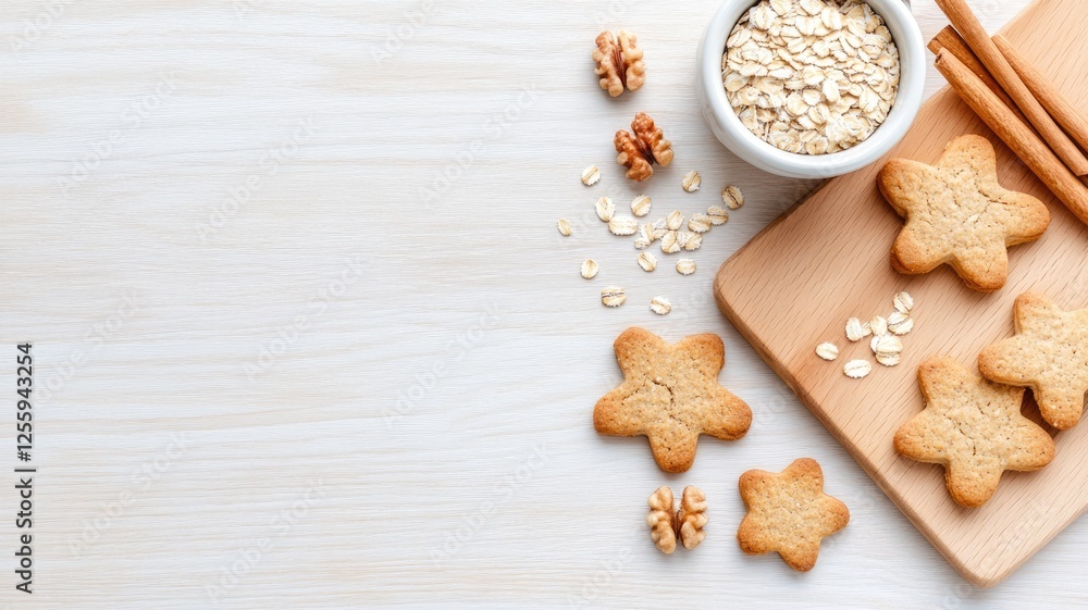 Star-shaped cookies and oats on wooden surface Star-shaped cookies and oats on wooden surface