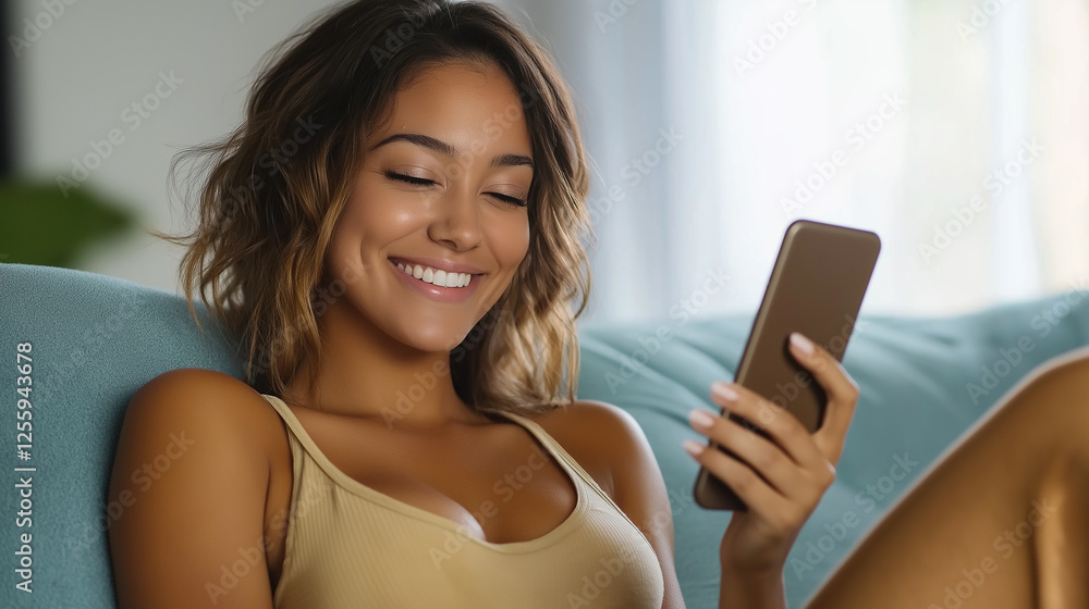 Happy latin woman relaxing on sofa using smartphone at home Happy latin woman relaxing on sofa using smartphone at home