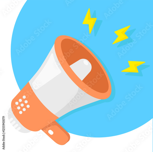 Orange megaphone with lightning bolts on a blue circle. Vibrant design for announcing promotions, events, and sales in advertising materials.