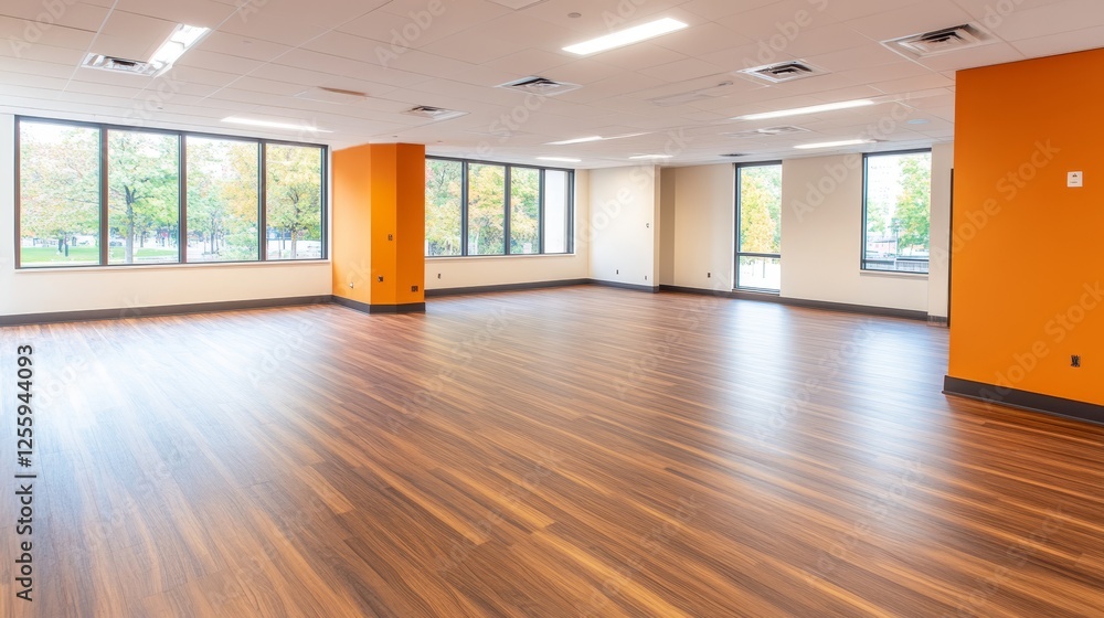 Obraz premium Spacious, modern office interior with wooden flooring and large windows showcasing autumn scenery
