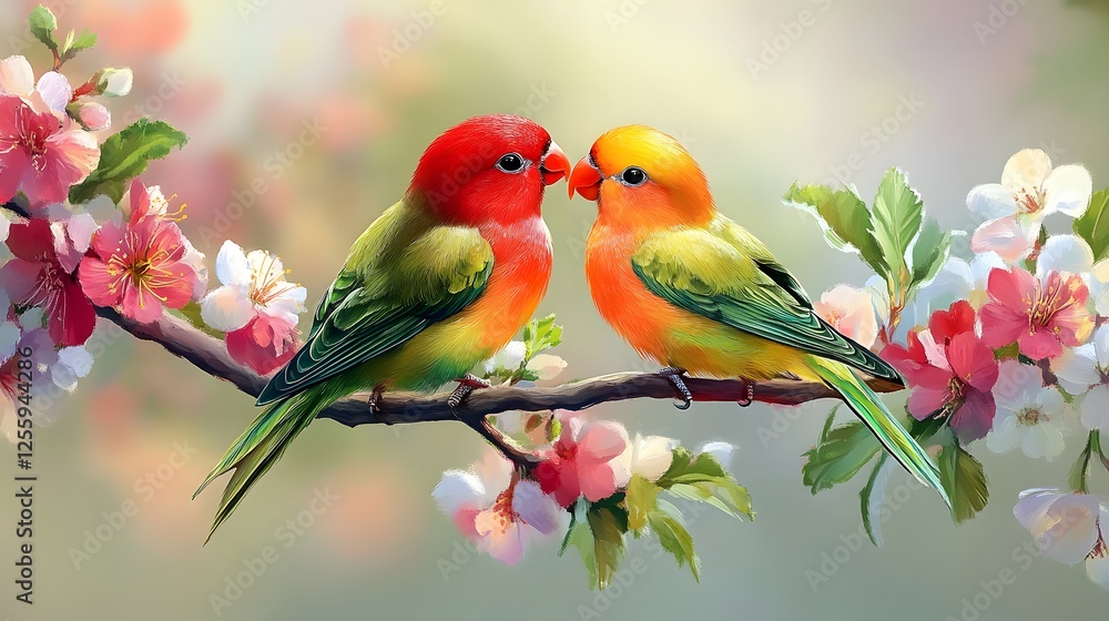 Fototapeta premium Colorful birds perched on blooming branch, two vibrant lovebirds sharing a moment surrounded by soft floral hues, ideal for nature themes.