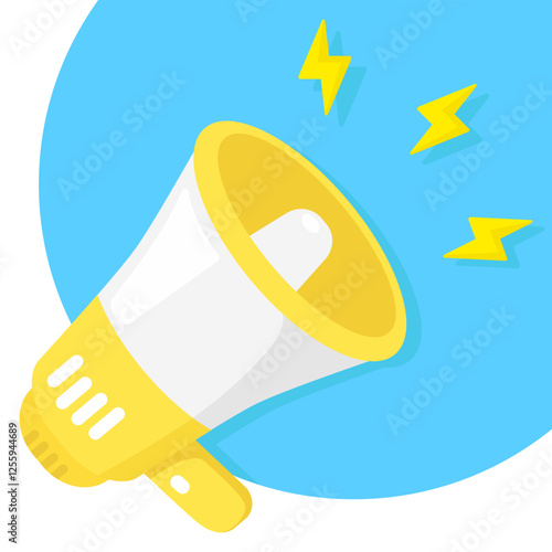 Yellow megaphone with lightning bolts on a blue circle. Vibrant design for announcing promotions, events, and sales in advertising materials.