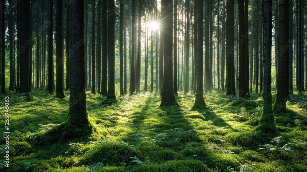 Fototapeta premium Sunlight Piercing Through a Dense Forest of Evergreen Trees and Mossy Ground