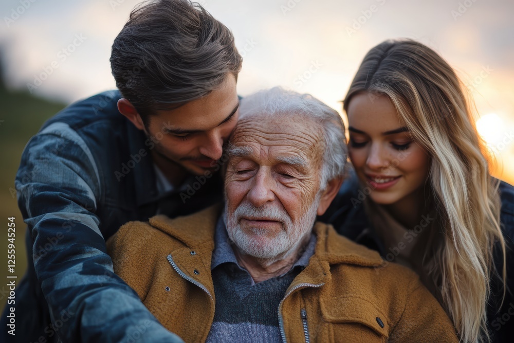 Young couple offers kindness and support to elderly man during a sunset moment Young couple offers kindness and support to elderly man during a sunset moment