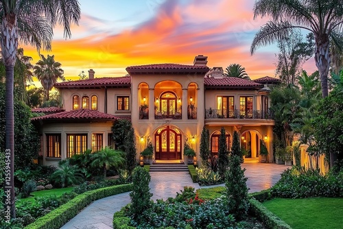 A luxurious home on the coast of sunny Los Angeles, overlooking a vibrant sunset with colorful clouds