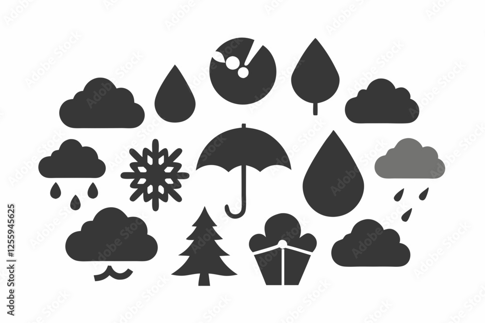 Simple weather icons set with sun, clouds, rain, snow, and storm symbols vector illustration Simple weather icons set with sun, clouds, rain, snow, and storm symbols vector illustration
