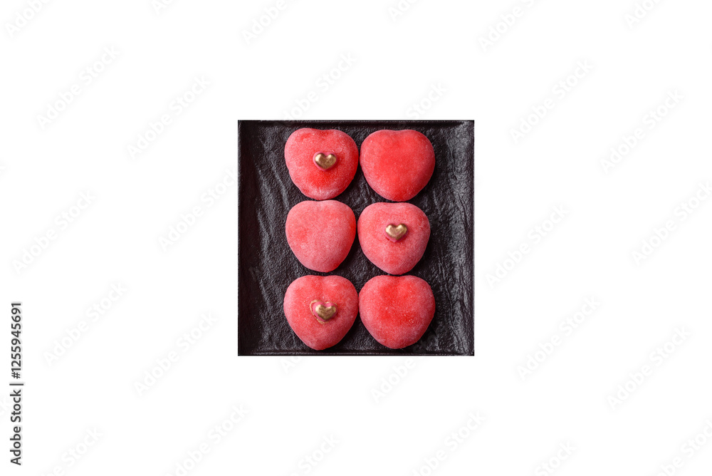 Delicious sweet mochi in the shape of red hearts Delicious sweet mochi in the shape of red hearts