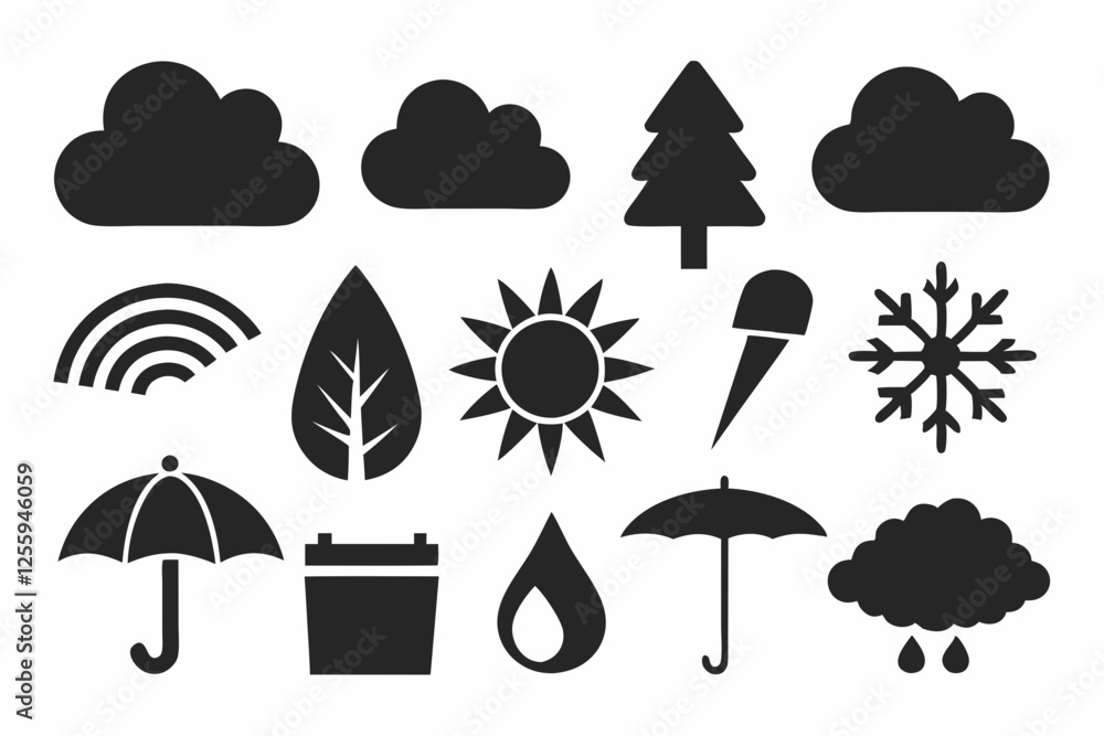 Simple weather icons set with sun, clouds, rain, snow, and storm symbols vector illustration Simple weather icons set with sun, clouds, rain, snow, and storm symbols vector illustration