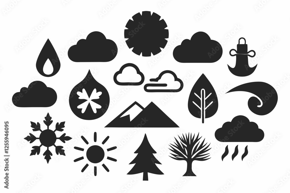 Simple weather icons set with sun, clouds, rain, snow, and storm symbols vector illustration Simple weather icons set with sun, clouds, rain, snow, and storm symbols vector illustration