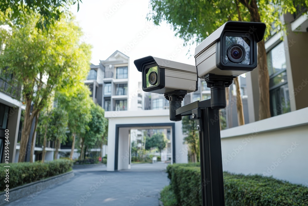 Security cameras monitor the entrance of a well-designed residential complex during daytime Security cameras monitor the entrance of a well-designed residential complex during daytime