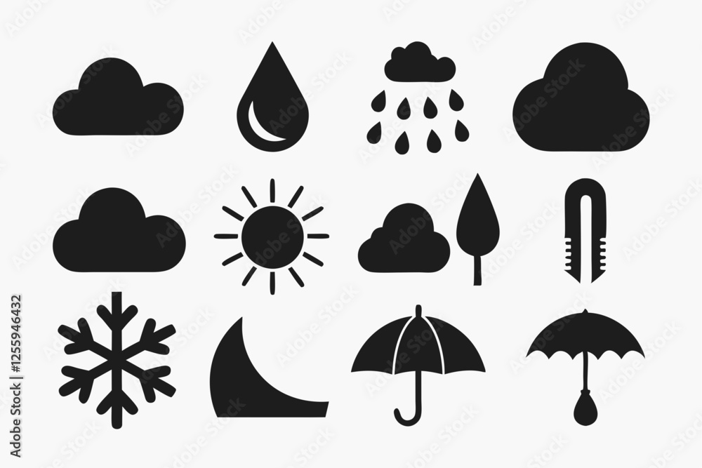 Simple weather icons set with sun, clouds, rain, snow, and storm symbols vector illustration Simple weather icons set with sun, clouds, rain, snow, and storm symbols vector illustration