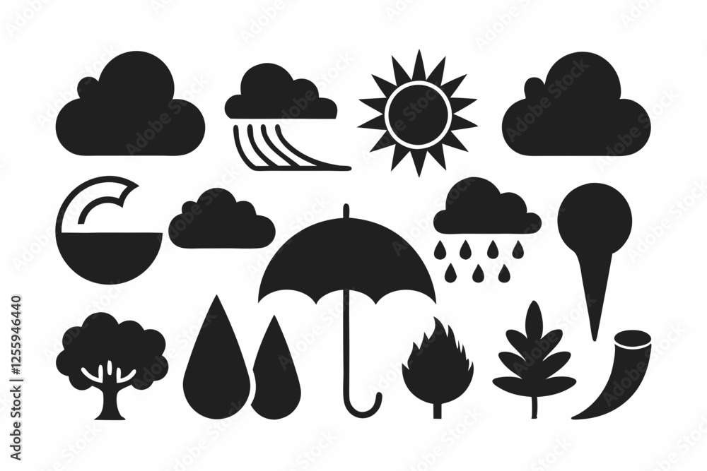 Simple weather icons set with sun, clouds, rain, snow, and storm symbols vector illustration Simple weather icons set with sun, clouds, rain, snow, and storm symbols vector illustration