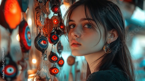 Turkish evil eye charms hanging in a local market photo