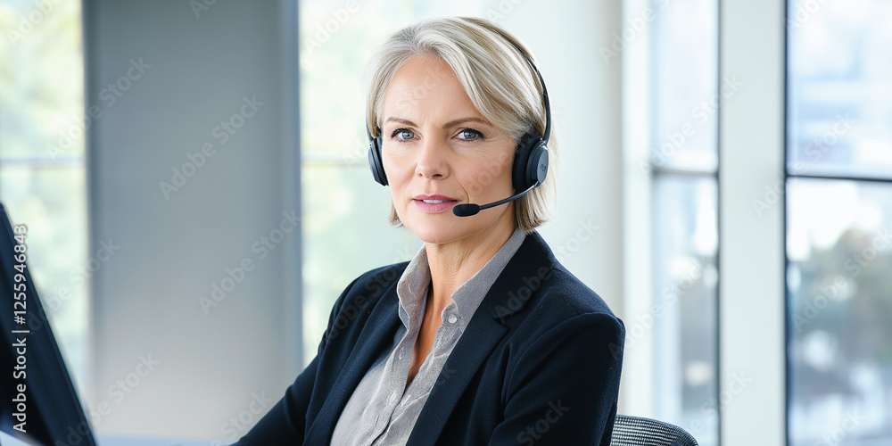 Confident businesswoman wearing headset working in modern office Confident businesswoman wearing headset working in modern office