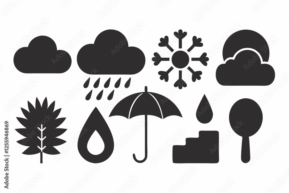 Simple weather icons set with sun, clouds, rain, snow, and storm symbols vector illustration Simple weather icons set with sun, clouds, rain, snow, and storm symbols vector illustration