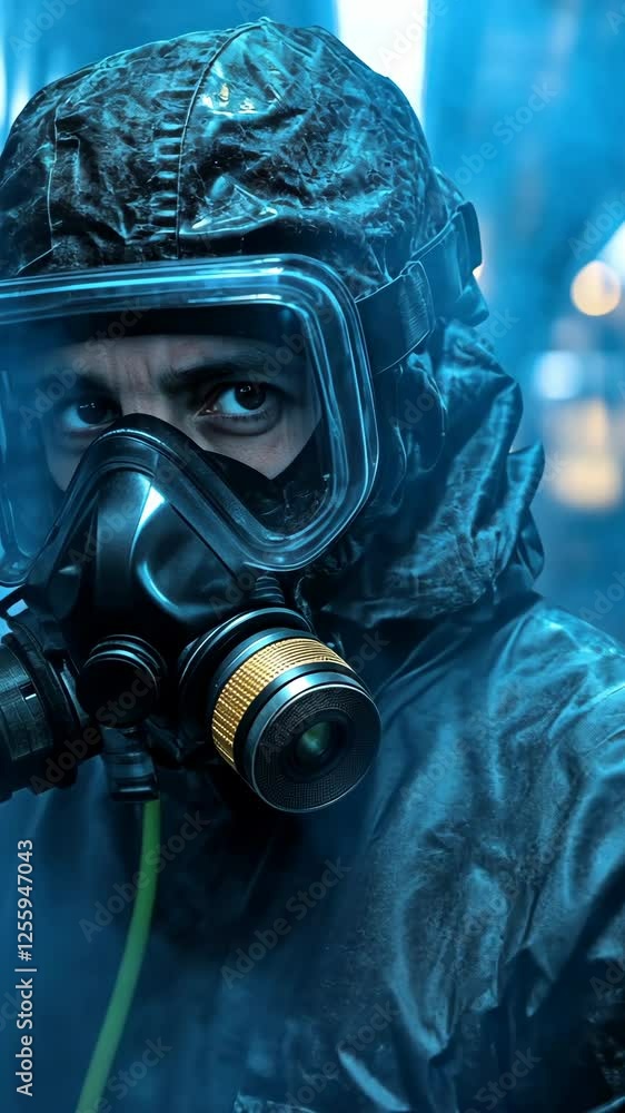 Mysterious figure in a gas mask in a smoke-filled environment at night Mysterious figure in a gas mask in a smoke-filled environment at night